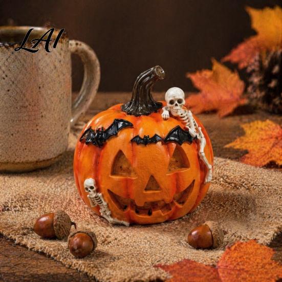 Vivid Skeleton Figurines Halloween Pumpkin Ghost Bat Skull Figurine Cute Resin Handcrafted Props Tabletop Ornaments for Home Party Shelf Mantels