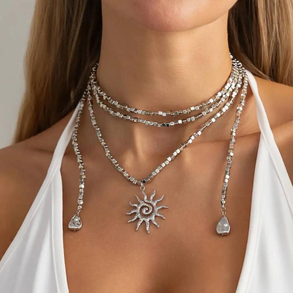 IngeSight.Z Retro Multilayer Gold Color Flower Sun Pendant Necklace Women Creative Versatile CCB Acrylic Beads Long Chain Choker