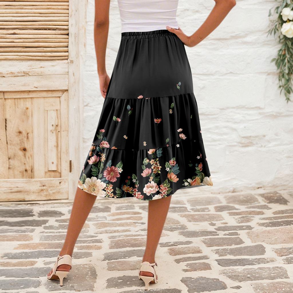 Damen Casual High Waist A-Linienrock Polka Dot Streifen Bedruckter Rock mit Taschen