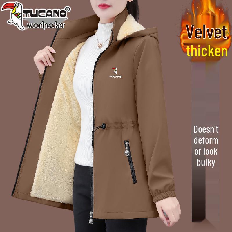 Woodpecker Women's Mid-Length Fleece Coat - 2025 Autumn/Winter Warm Thickened Windbreaker Jacket