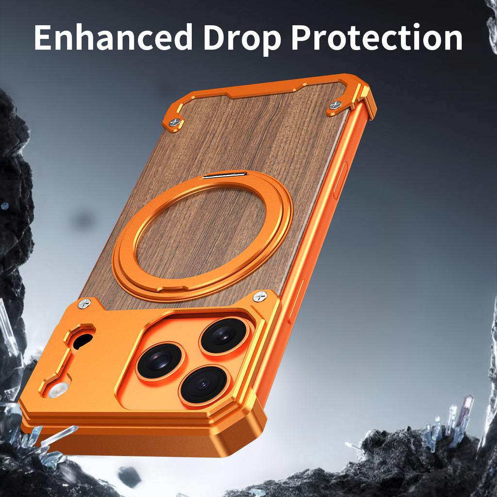 Luxury Metal Alloy Frame Wood Frameless Phone Case For iPhone 17 pro max 16 15 Pro Max Magsafe Magnet 360 Rotating Bracket Cover