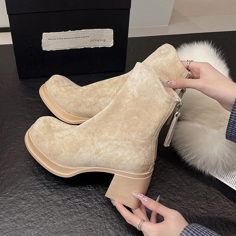 Beige retro detachable boots thick heel Martin boots women's 2025 new spring and autumn height-increasing and thin knight boots