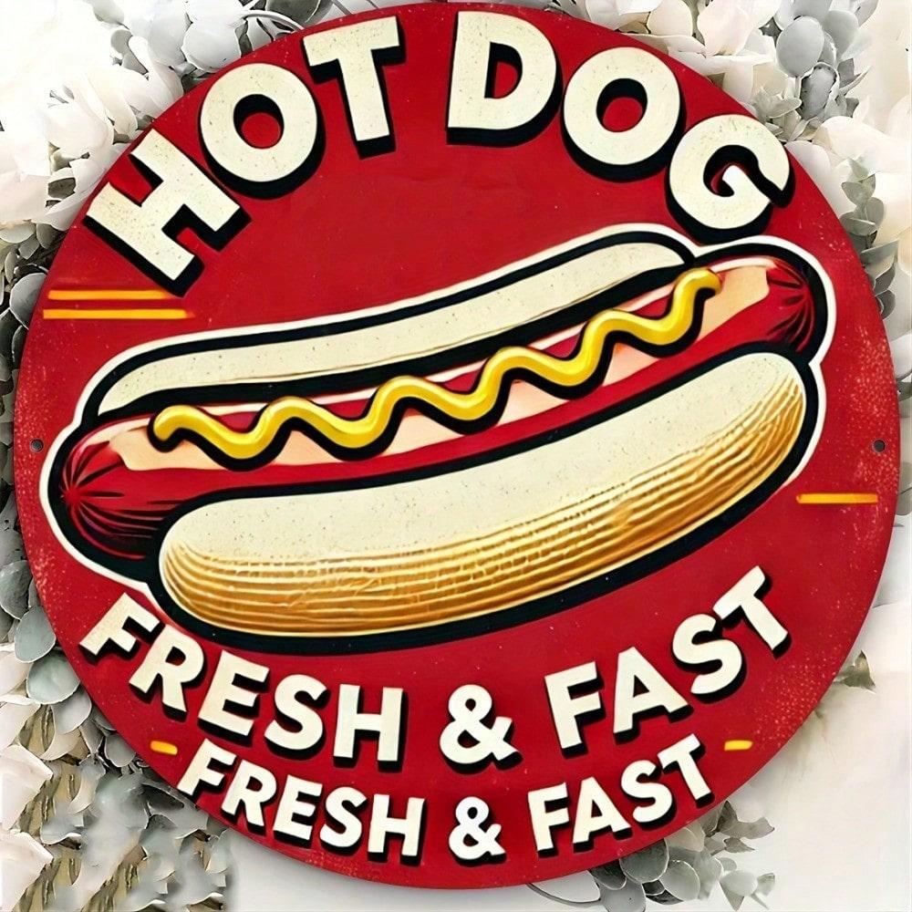 1pc Vintage Hot Dog Round Metal Sign 8x8 Inch Retro Tin Wall Art For Bar Cafe Garage Farmhouse Decor