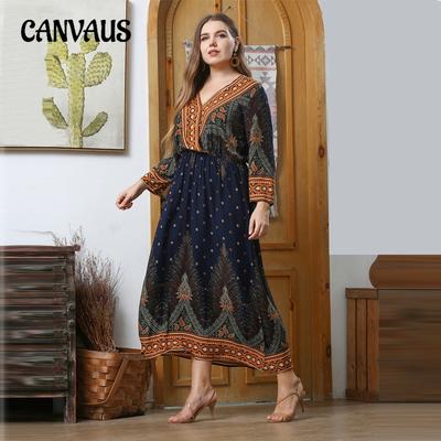 Plus Size Women's Fashion New Loose Print Pullover V Neck Long Dress
