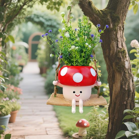 Swing Mushroom Hanging Planter Cartoon Mushroom Flower Pot Resin Succulents Planter
