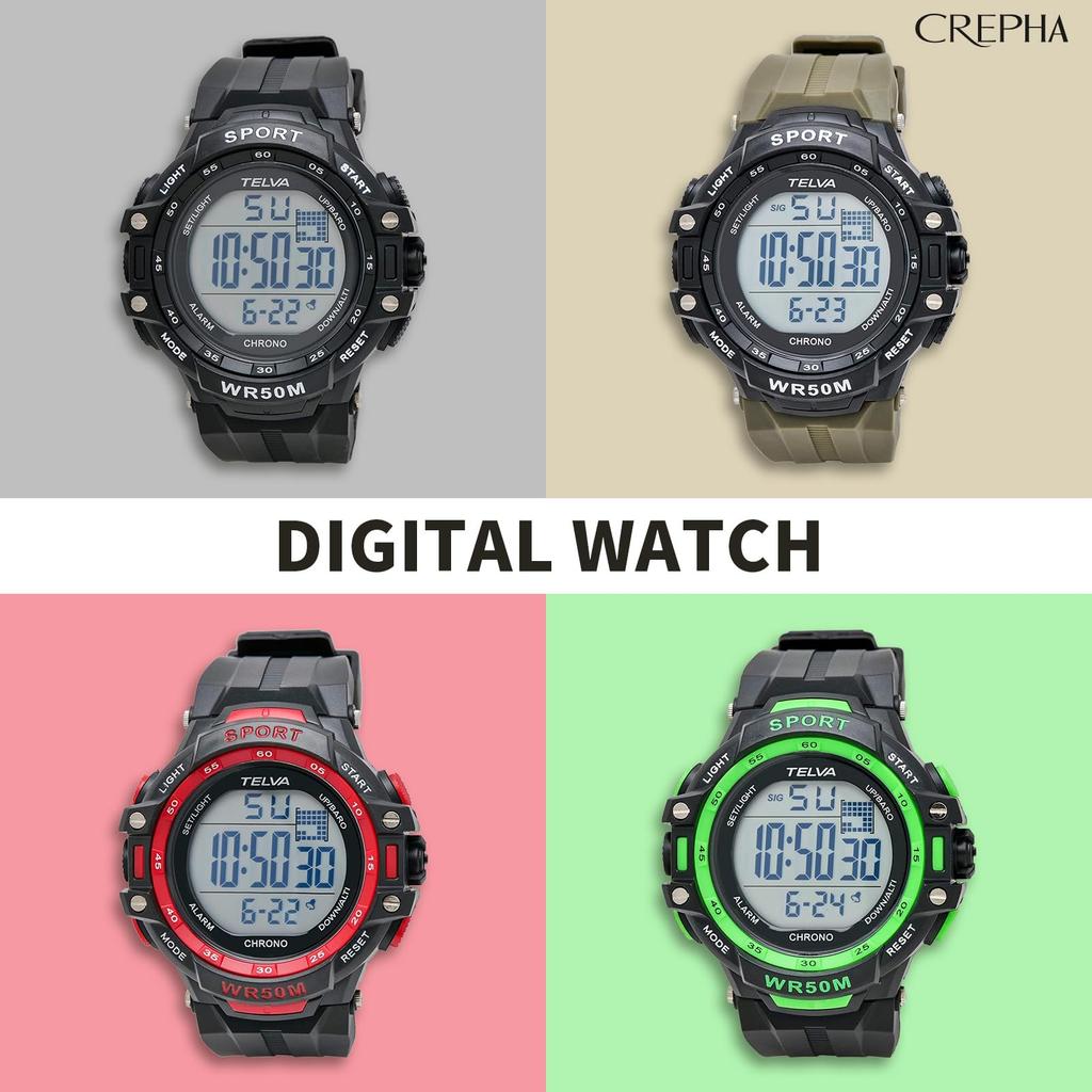 CREPHA Digital Watch TELVA Multifunctional Water Resistant Stopwatch Large Screen Urethane Strap Khaki Sports Watch (Klepha) (5 ATM) Men's TE-D281-KH