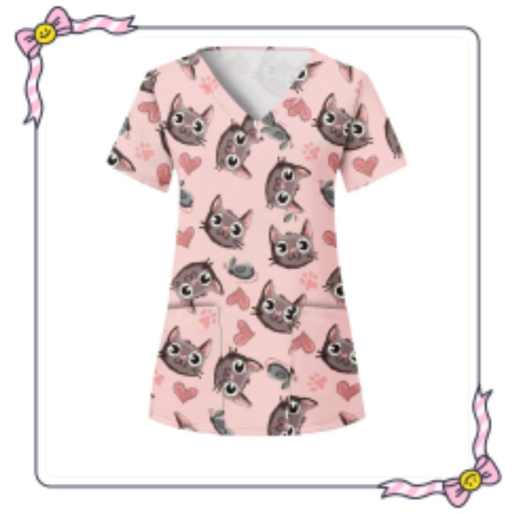 Women Nurse Uniform Floral 3D Print Tops V-Neck Pocket Medical Uniforms Nursing Short Sleeve T-shirt Tops Working Clothes