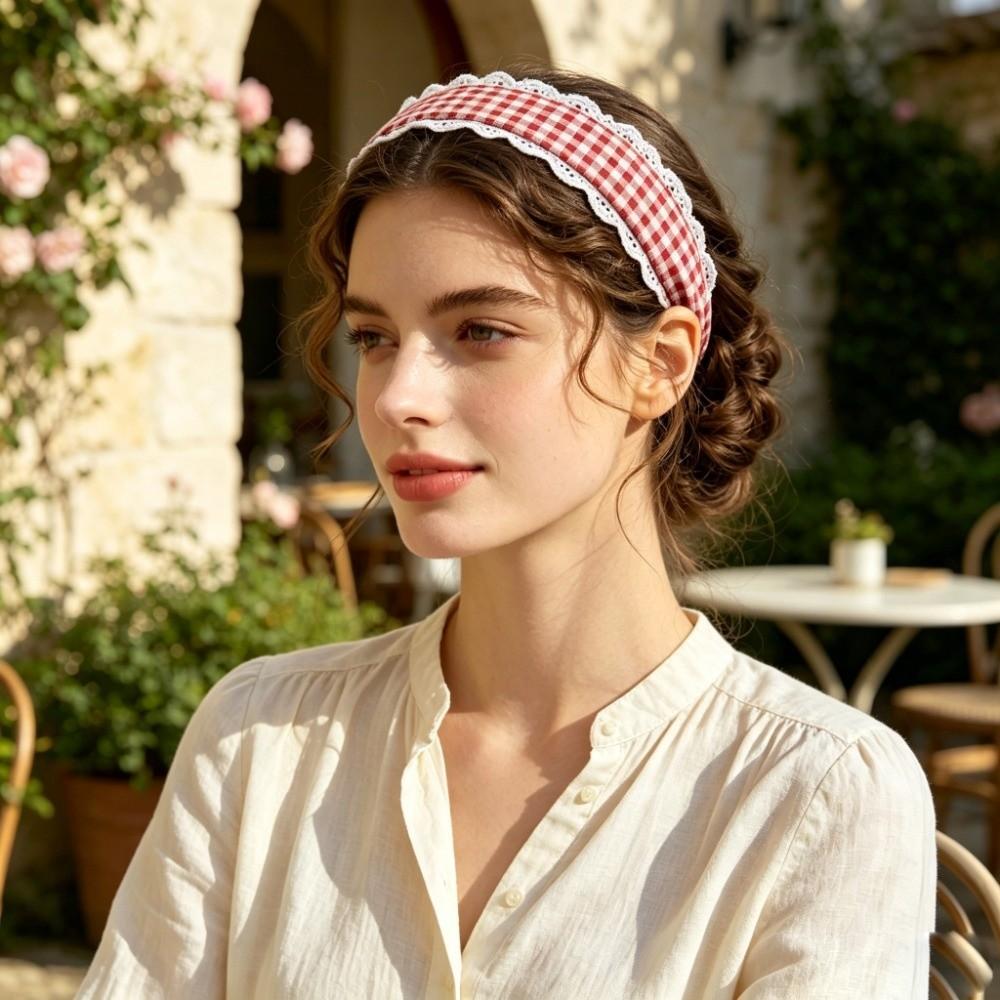 White Lace Trim Wide Plaid Hairband Wide Design White Lace Hair Hoop Casual Outfit