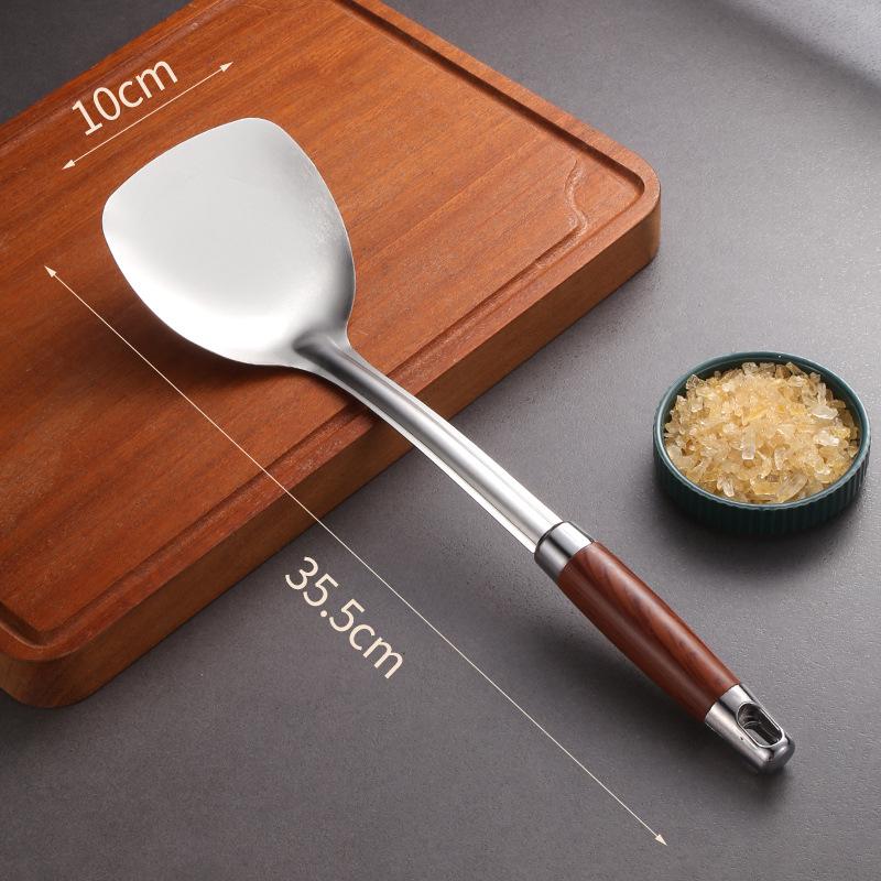 

Stainless Steel and Rosewood Kitchen Cookware Set with Soup Ladle, Spatula, Frying Pan, and Slotted Spoon for Daily Use. Spatula - Comfortable Grip, Durable розовый лес