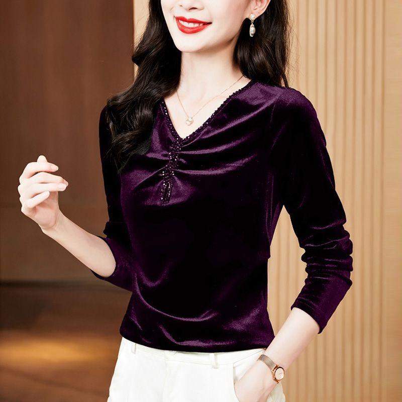 Velvet V-neck Spring and Autumn New Long-sleeved Tops Fashionable Tops for Women