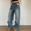 Spring American washed lightning pattern straight jeans men's and women's loose and versatile trousers tide