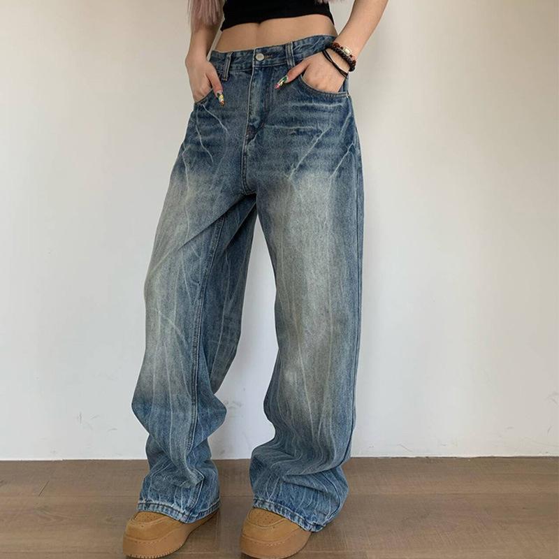 Spring American washed lightning pattern straight jeans men's and women's loose and versatile trousers tide