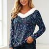 Women's Long Sleeve Christmas Print V-Neck Top with Plush Collar