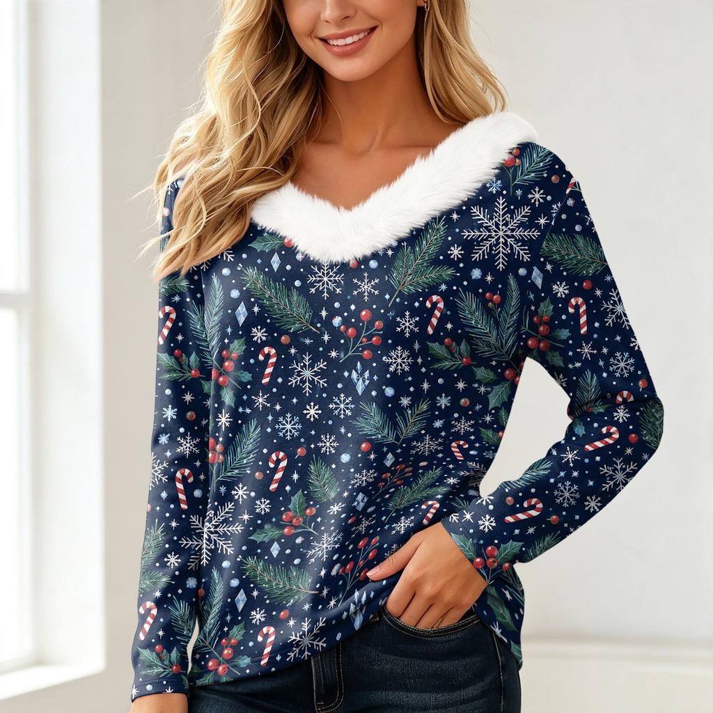 Women's Long Sleeve Christmas Print V-Neck Top with Plush Collar