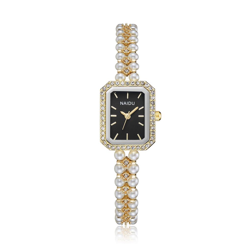 Fashionable Luxurious Ladies' Wristwatch Rhinestone Square Dial Imitation White Pearl Strap Waterproof Women Quartz Watch Reloj