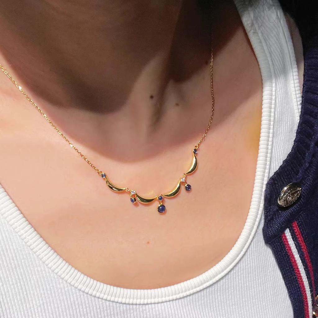 Anenjery Lace Blue Water Droplet Tassel Necklace For Women Retro Sweet High-end Personalized Versatile Collarbone Chain Jewelry Gift