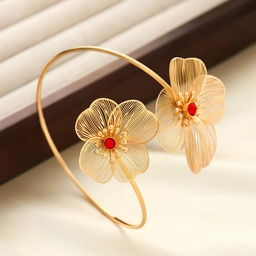 Red Diamond Flower Opening Bracelet Arm Ring Fashion Design Exquisite Versatile Bracelet Light Luxury High-End Jewelry Women