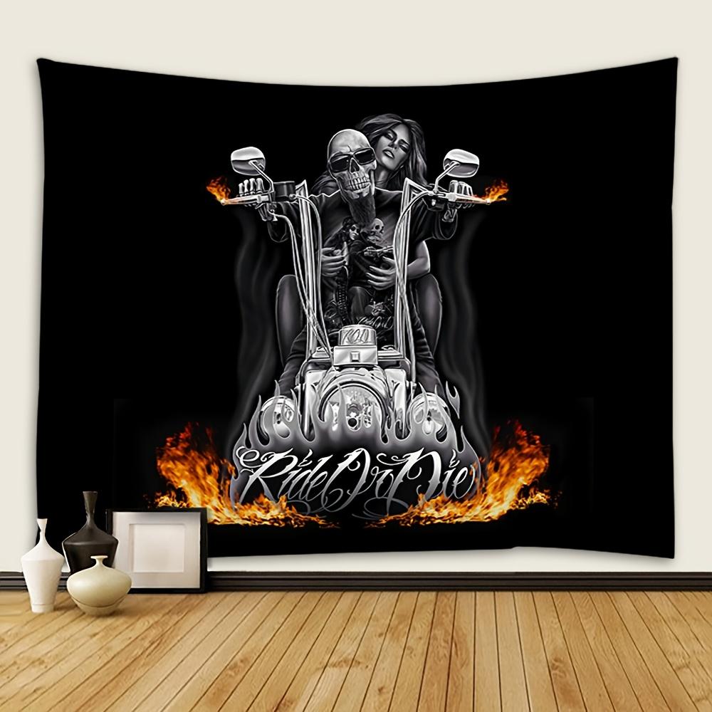 VIKAMA Motorrad Totenkopf Wandteppich Biker Mädchen und Flammender Totenkopf Amerikanischer Retro Wohnzimmer Sofa Hintergrund Wand Raumdekor