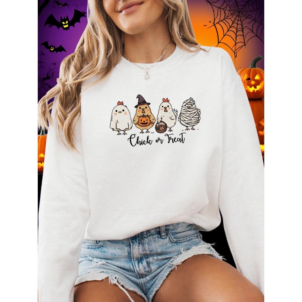 Four Different Shaped Chicks Prints Halloween Sweatshirt Women Winter Hoodie Crewneck Loose Pullover Casual Soft Clothes