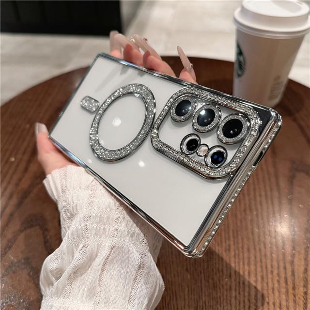 For Samsung Galaxy S25 Ultra Luxury Glitter Magsafe Magnetic Plating Diamond Frame Phone Case For Samsung S22 S23 S24 Plus Cover