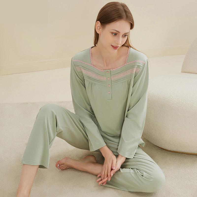 Square Collar Modal Cotton Pajamas Set Women's Elegant Casual Pajamas Autumn Long-sleeved Pants Two-piece Home Wear Set