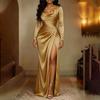 2026 Womens Elegant Slim Fit Solid Color French Style Split Hem Midi Dress V-Neck Long Sleeve High Waist A-Line