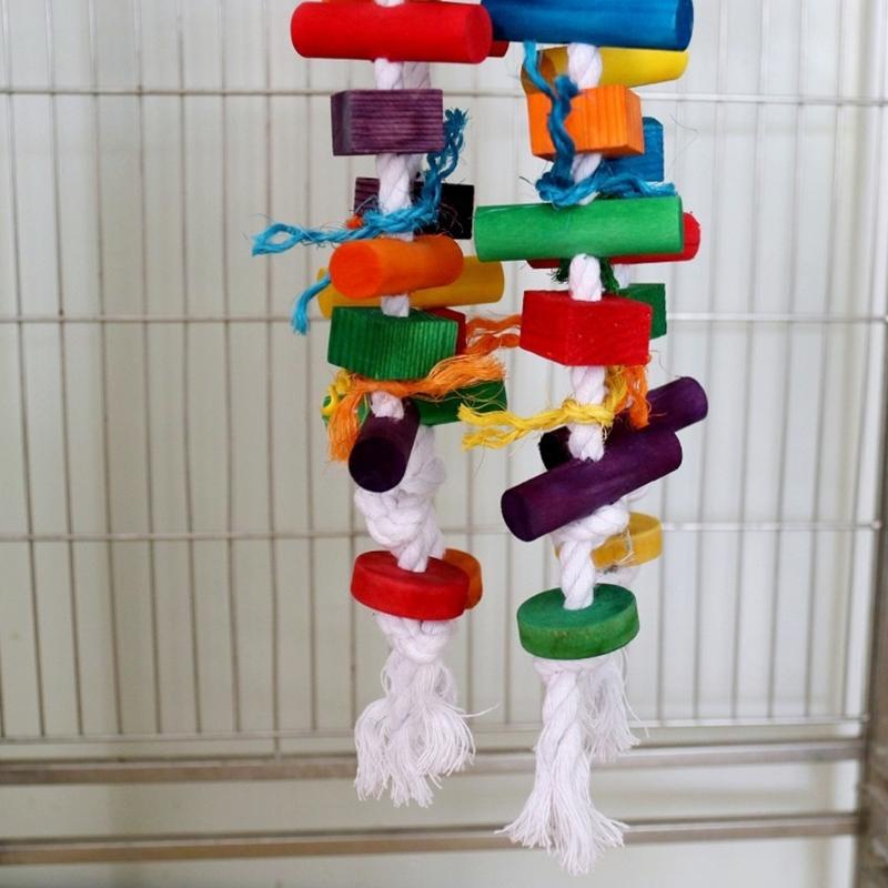Colorful Parrots Chew Climbing Toy Safe Wood Soft Cotton Ropes Puzzle Block Tearing Toy For Bird Mental Stimulation