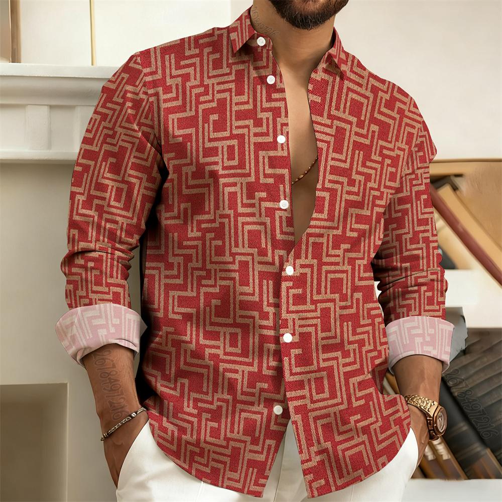 Men's Long-Sleeved Polo Shirt, Vintage Print Style with Greek Key Pattern, Elegant, Comfortable, and Stylish Men's Top