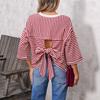Top de Rayas para Mujer de Corte Holgado con Mangas 3/4, Lazo en la Espalda y Detalles de Encaje