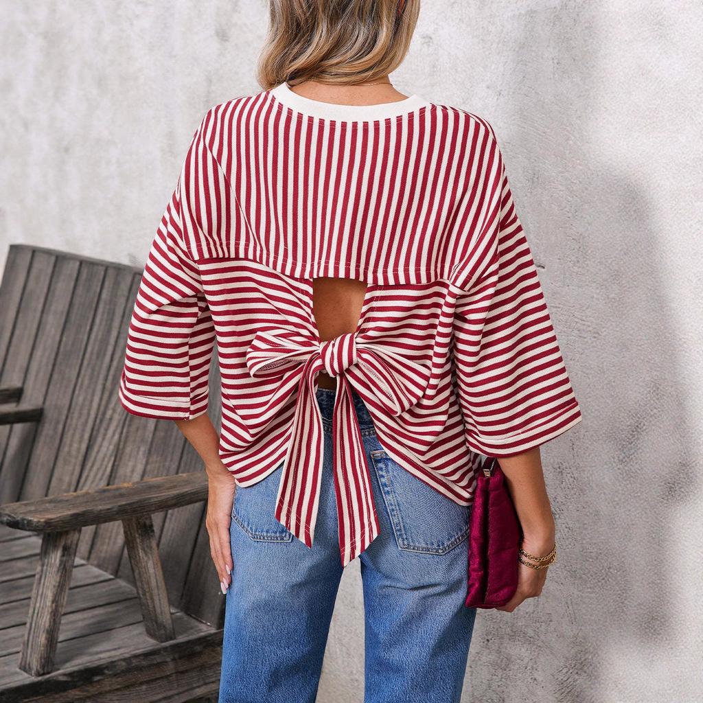 Top de Rayas para Mujer de Corte Holgado con Mangas 3/4, Lazo en la Espalda y Detalles de Encaje