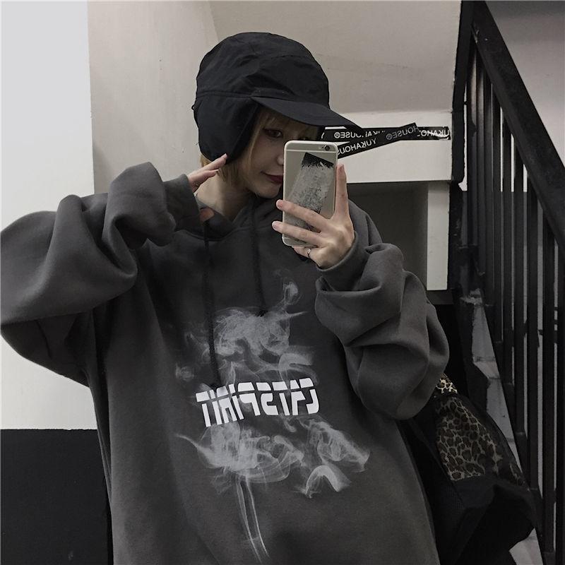 Diablo Graffiti Smiley Print Sweater Men's Street Fleece-lined Thickened Loose Plus Size Hip-Hop Autumn and Winter Jacket