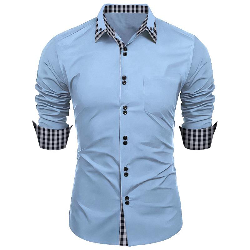 Fashionable Men's Spring Autumn Men's Plaid Color Matching Slim Casual Shirt Long Sleeved Shirt