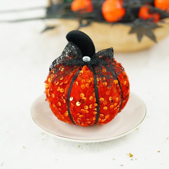 Sequined Pumpkin Centerpiece Halloween Pumpkin Decoration Glittery Pumpkin with Bow Ornament