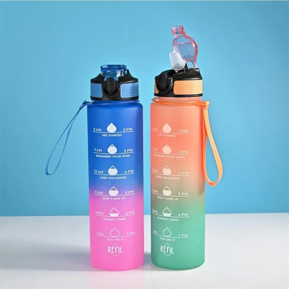 Butelka na wodę 1L Gradientowy kolor Motywacyjna sportowa butelka na wodę Oznaczenie czasu Kubek szczelny do biura siłowni na zewnątrz Bidon szejker