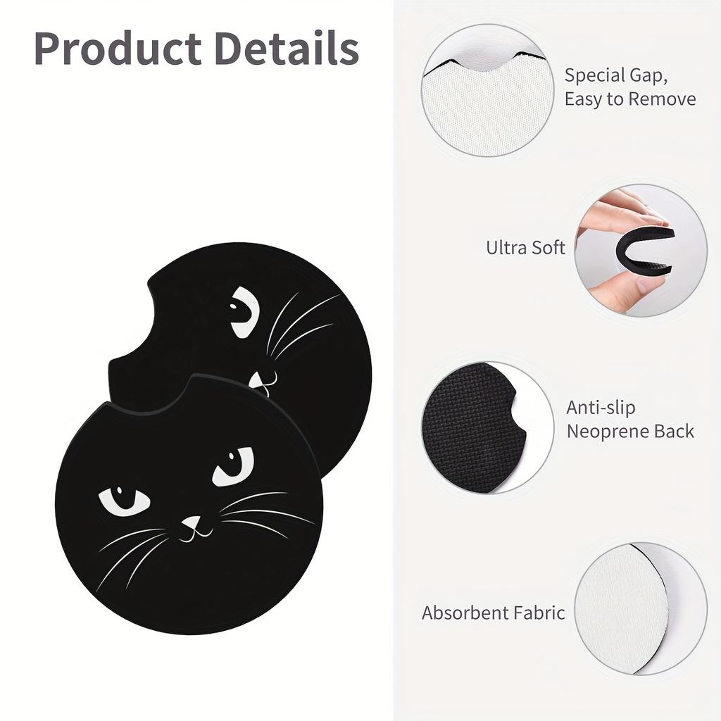 2-piece Cat Car Coaster Water Cup Slot Cushion, Car Interior Suitable for Finger Cut Non Slip Coasters of Automotive Accessories