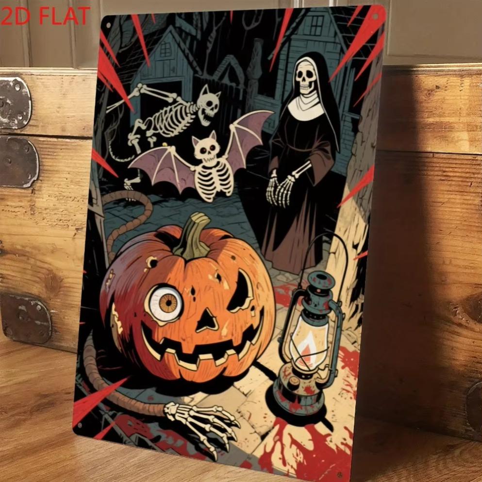 1pc 2D Flat Vintage Halloween Metal Sign - Spooky Iron Decor with Jack-O'-Lantern Blood, Perfect for Bar/Kitchen Holiday Gift
