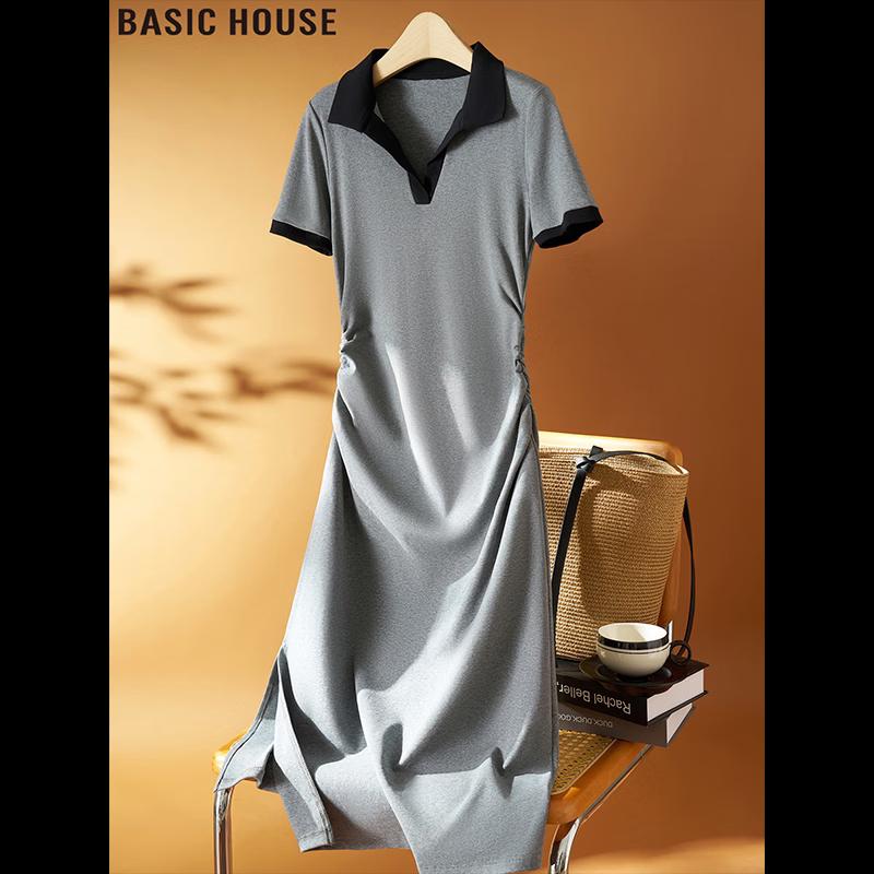 Basic House Grey Slim Fit Slit Short Sleeve Dress XL