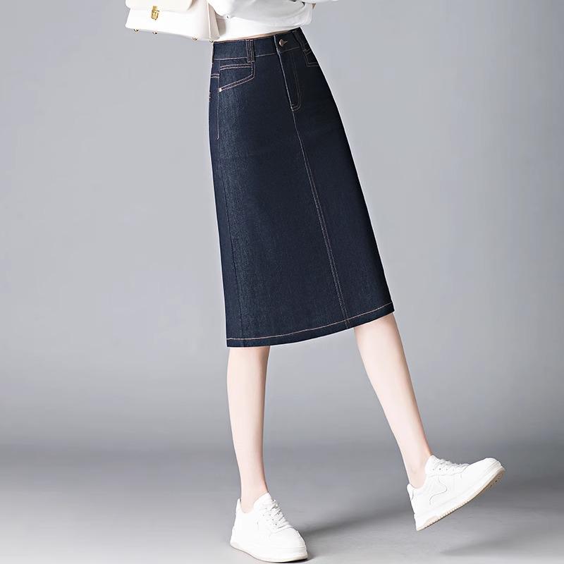 

Женская приталенная джинсовая миди-юбка в стиле ретро с высокой талией и разрезом - Идеально подходит для весны и осени 2025 XL (115-125 jin) темно-синий