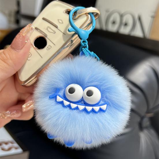 Monster-Inspired Plush Keychain Soft Fuzzy Fur Ball with Big Eyes & Teeth Eye-catching Bag Charm for Keys Backpacks Fun Gift for Teens & Adults