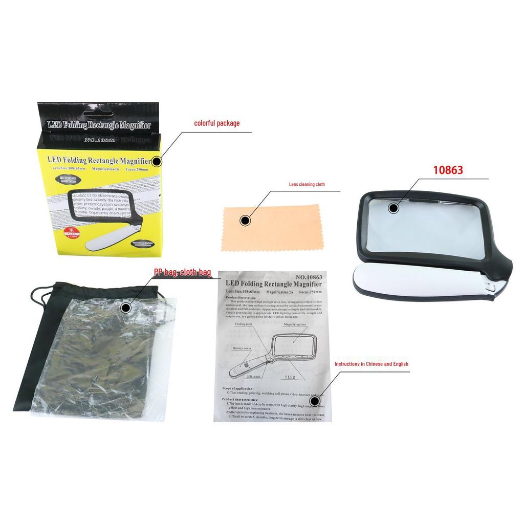 Hopfällbar förstoringsglas med 5 LED-lampor, 3x förstoring, Idealisk för äldre som läser tidningar