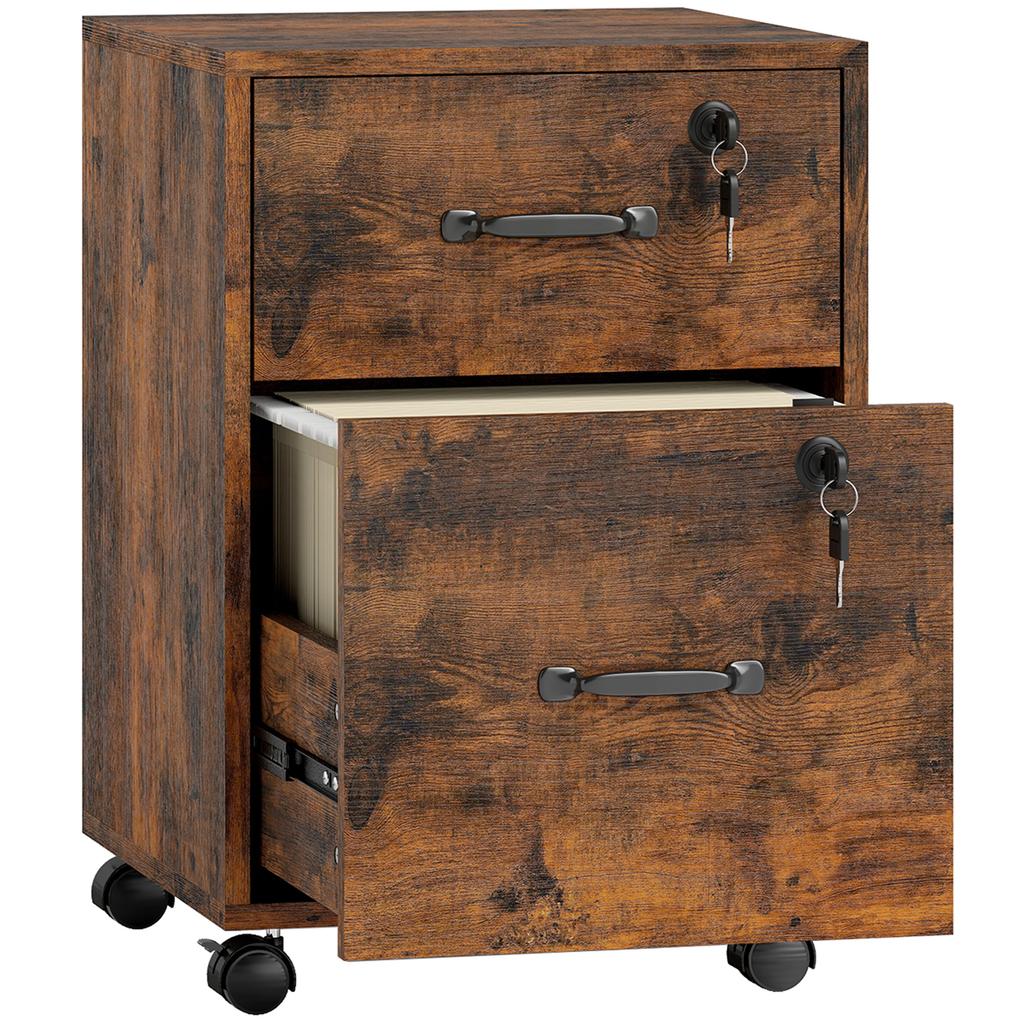 Mobile Office Pedestal, 2 Drawers, Casters, Hanging Letter-Size Documents, Brown