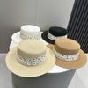 Summer Seaside Vacation Straw Hat with French Floral Pearl Detail Large Brim Flat Top Sunshade Hat for Women