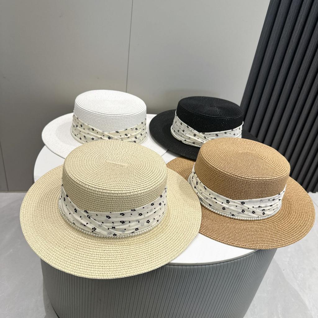 Summer Seaside Vacation Straw Hat with French Floral Pearl Detail Large Brim Flat Top Sunshade Hat for Women