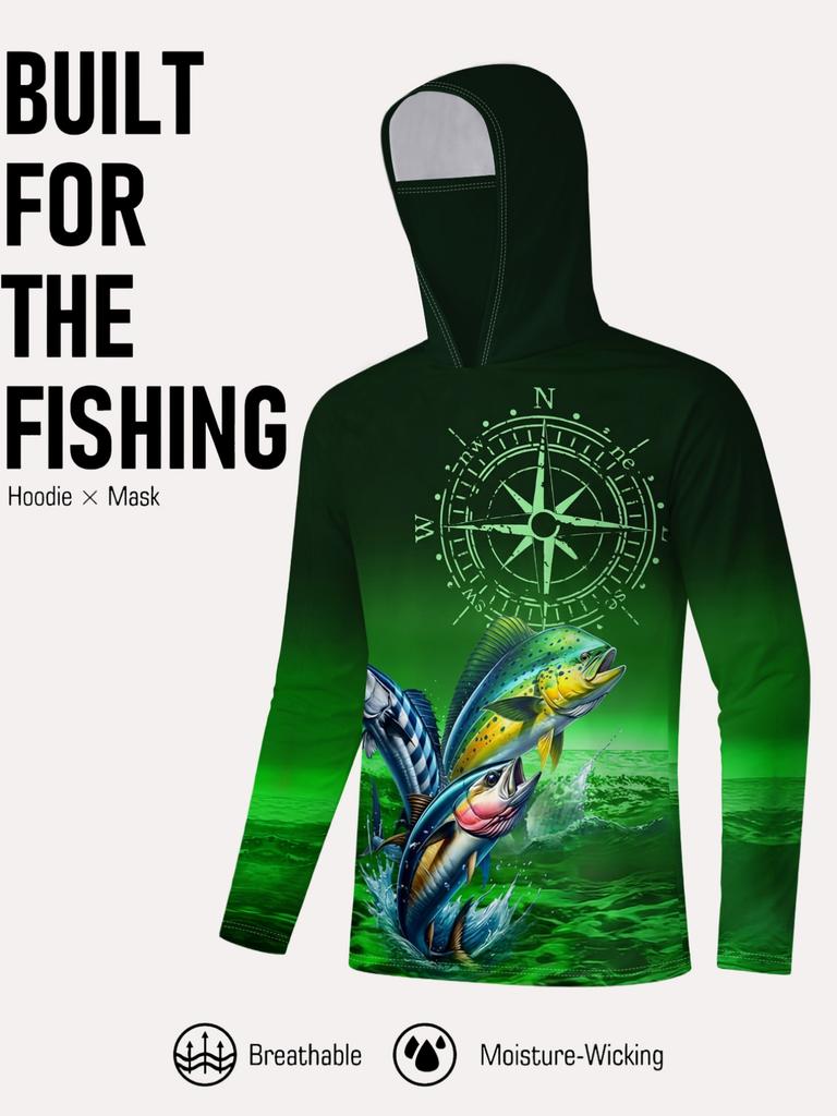 Men's Outdoor Fishing Hoodie with Mask Long Sleeve Top Printed Pattern Fishing Wear