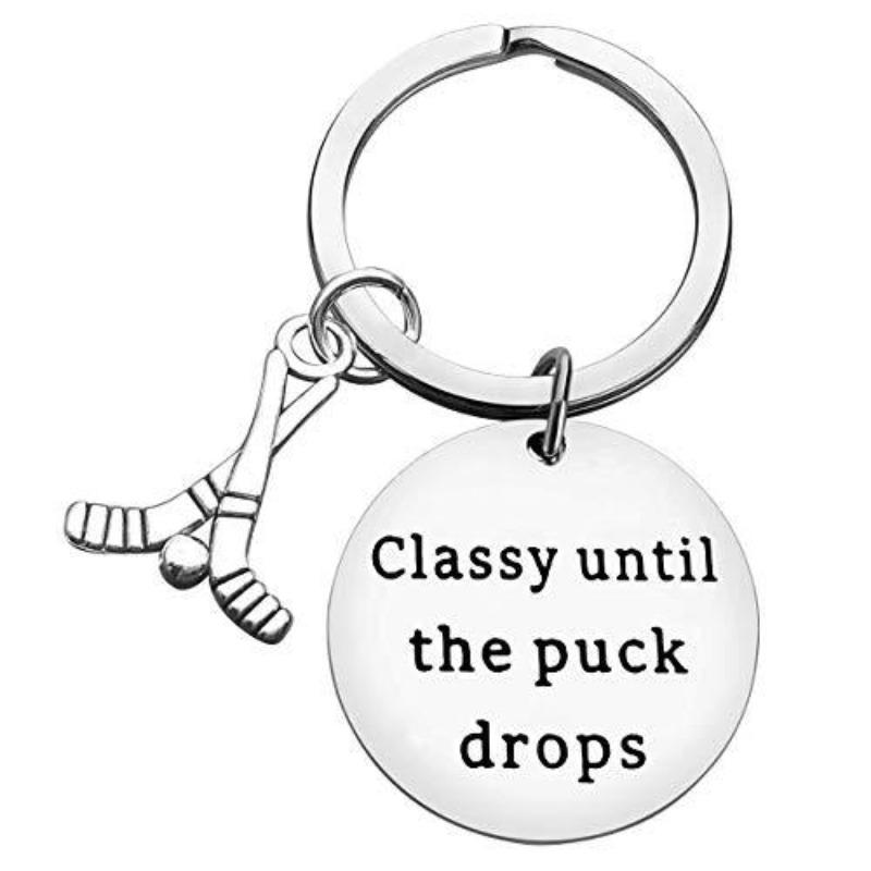 Eishockey Edelstahl Schlüsselanhänger Klassisches Sportdesign Laser Logo Stil Praktisches Sport Souvenir Taschenanhänger