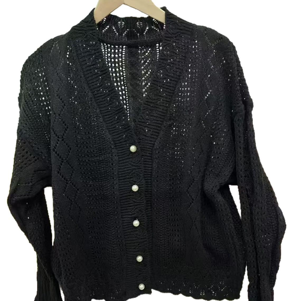 Корейский ретро вязаный кардиган с полым V-образным вырезом - Осенний шик, свитер крючком One size чёрный