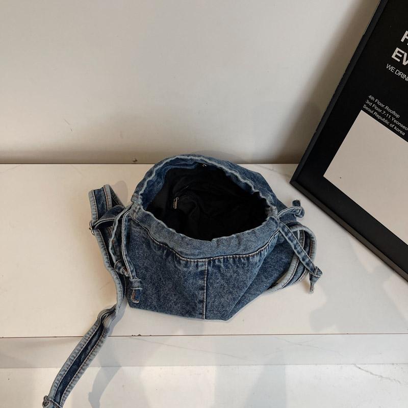 Vintage Denim Schultertasche Damen Kordelzug Bucket Bag Pendler Crossbody Bag
