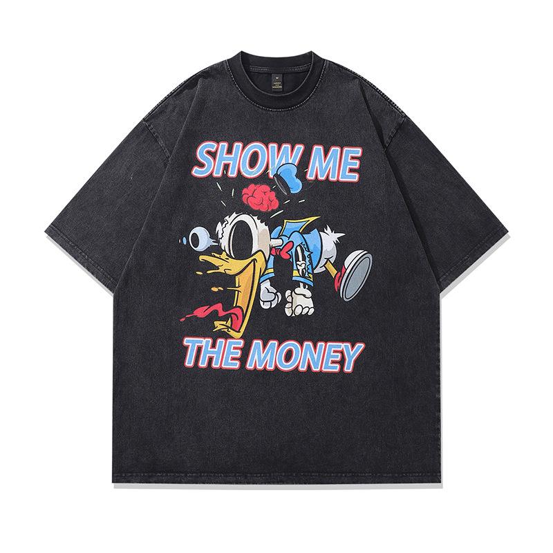 Harajuku Anime Print Washed Old Short-Sleeved T-Shirt Men'S American Retro Ins Street Tide Brand Casual Base
