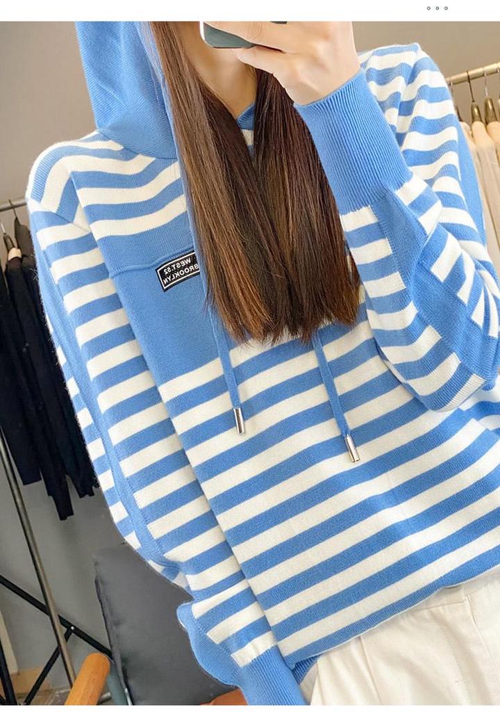 2024 Autumn Korean Chic Women's Striped Knit Hooded Sweater