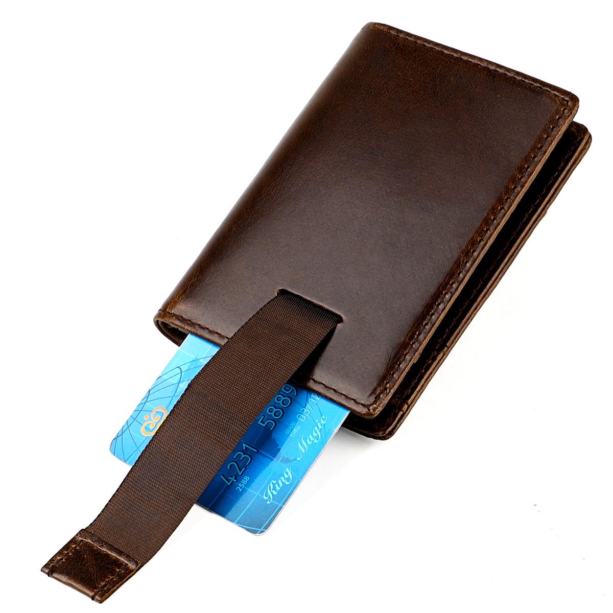 Genuine Leather Card Holder Oil Wax Cowhide Slim Bifold Wallet RFID Blocking Pull Tab ID Case